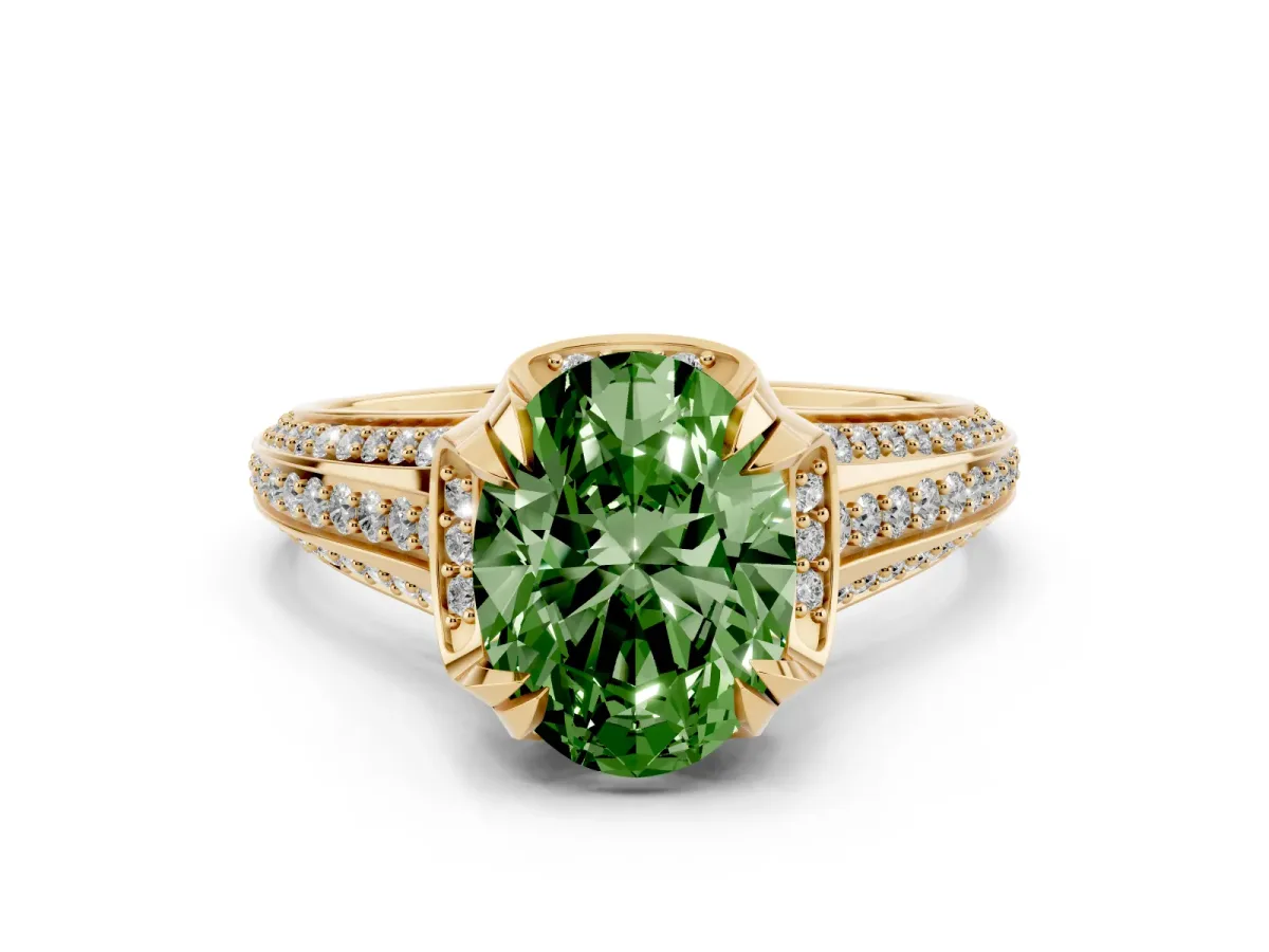 Fancy Green Oval Cut Solitaire Pave Split Shank Ring with Four-Prong Setting Yellow gold