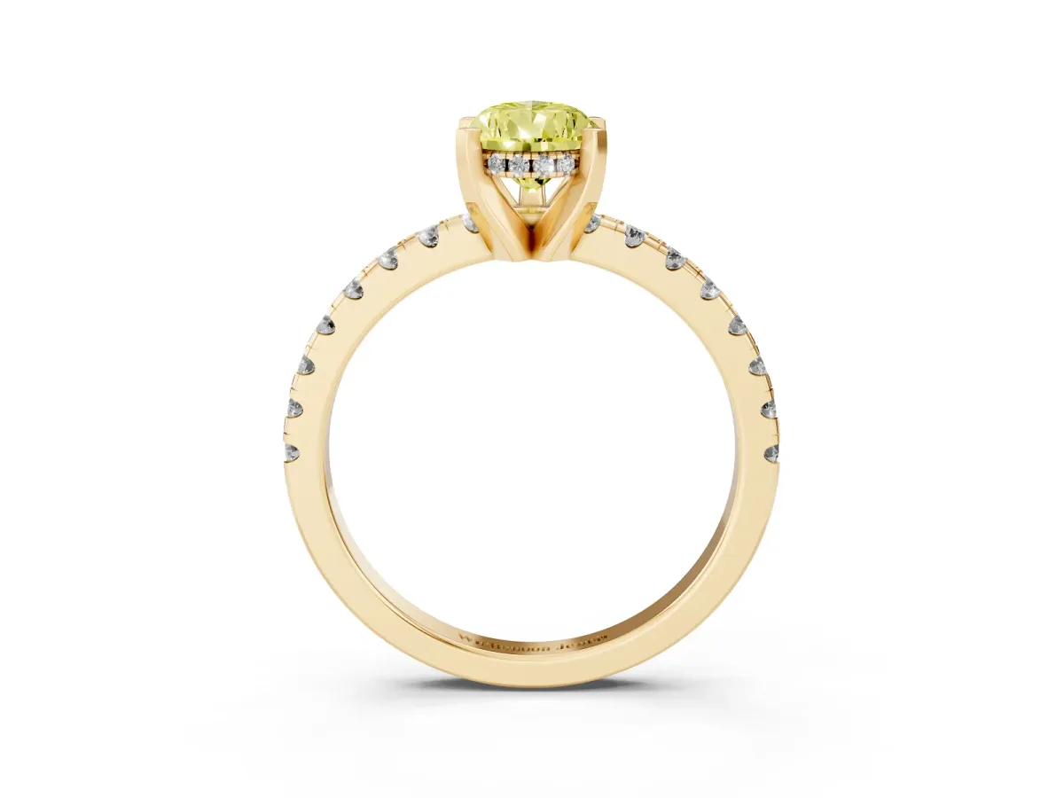 Fancy Yellow Pear Cut Diamond Solitaire Ring with Round Pavé Band and Four-Prong Setting Yellow gold