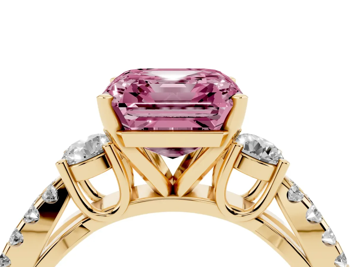 Fancy Pink Asscher Cut Diamond Three-Stone Ring with Pavé Split Shank and Four-Prong Setting Yellow gold