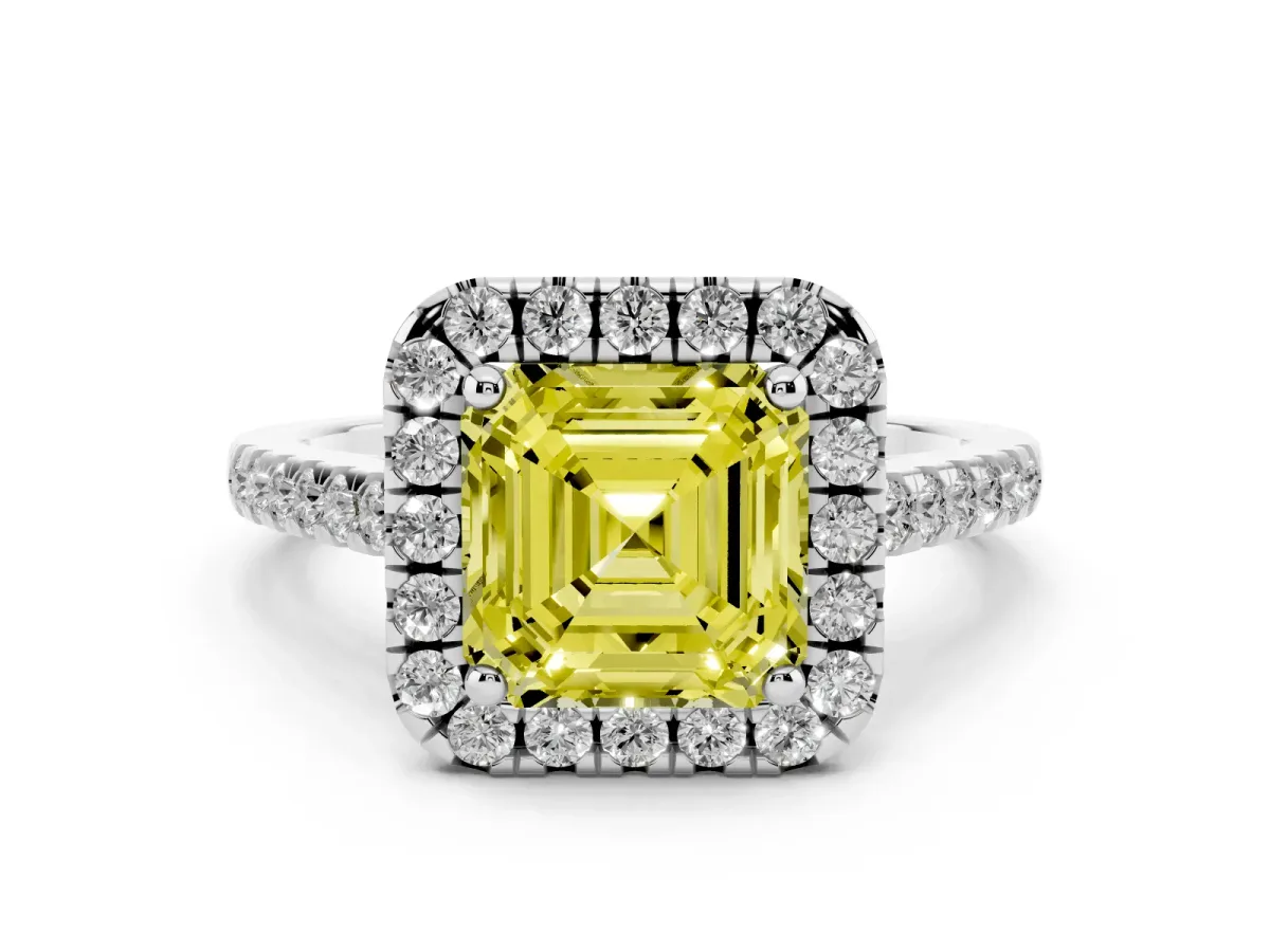 Fancy Yellow Asscher Cut Halo Pavé Diamond Engagement Ring with Four-Prong Setting Silver