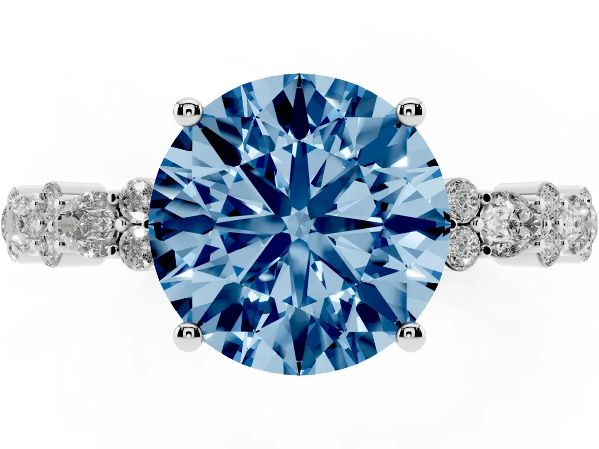 Fancy Blue Round Cut Diamond Side Stone Solitaire Ring with Round and Four-Prong Setting Silver