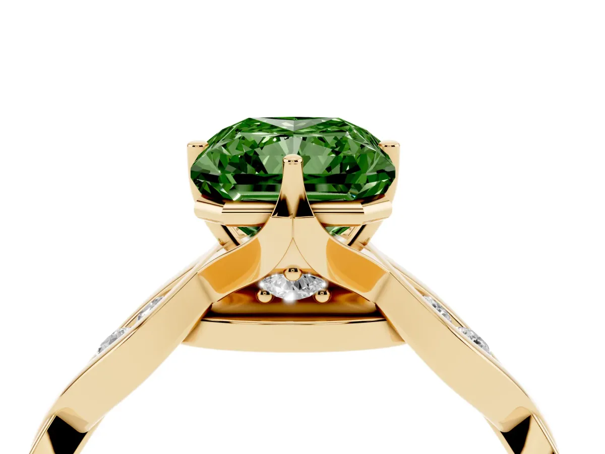 Fancy Green Radiant Cut Solitaire Twist Band with Leaf Prong Setting Yellow gold