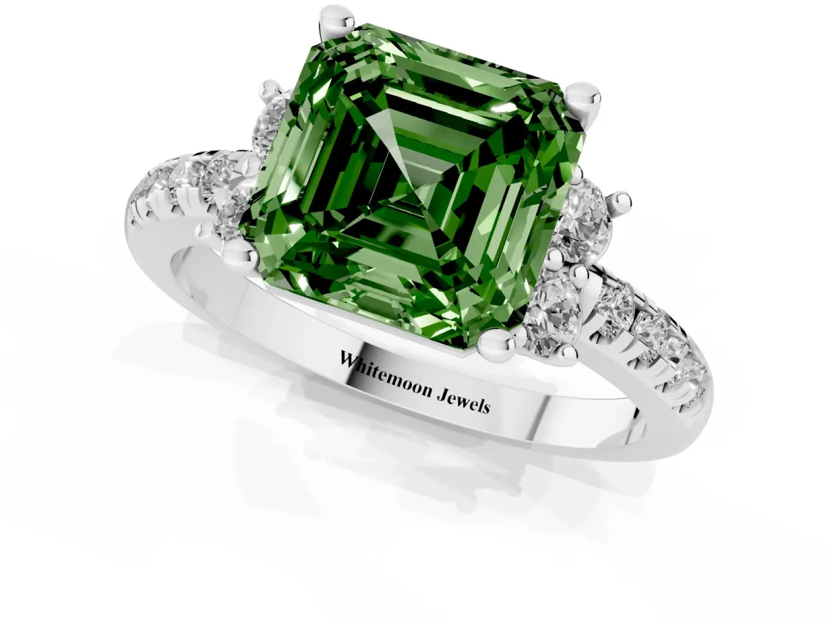 Fancy Green Asscher Cut Diamond Three-Stone Pave Band with Four-Prong Setting Silver