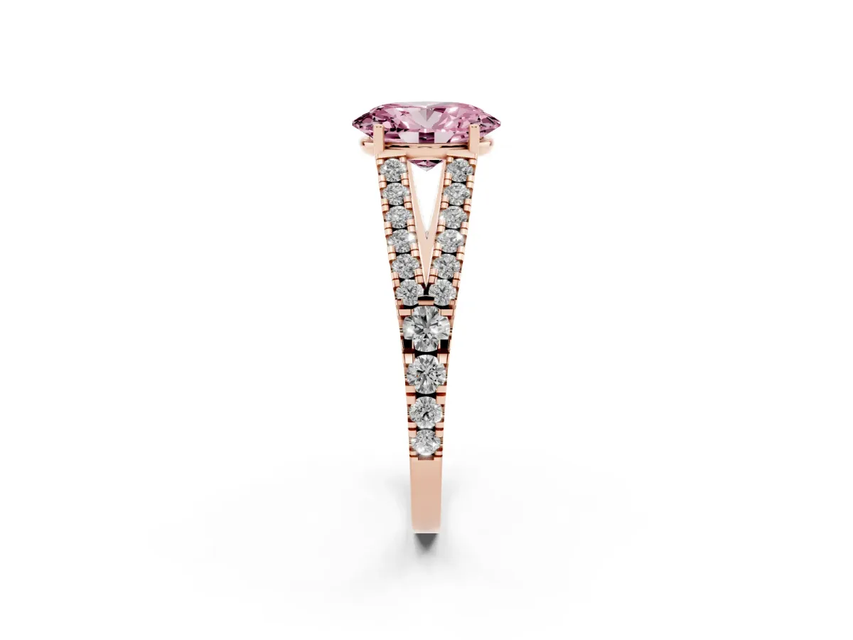 Fancy Pink Oval Cut Diamond Split Shank Pavé Engagement Ring with Four-Prong Setting Rose gold