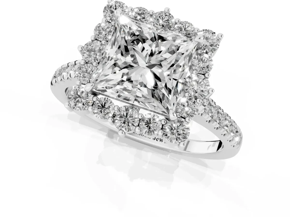 Princess Cut Halo Diamond Ring with Pavé Band and Prong Setting Silver