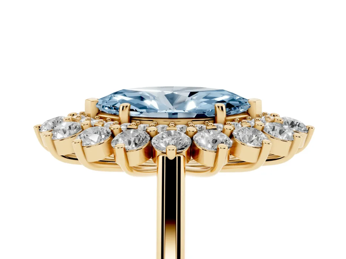 Fancy Blue Marquise Cut Diamond Floral Double Halo Engagement Ring with Prong Setting Yellow gold