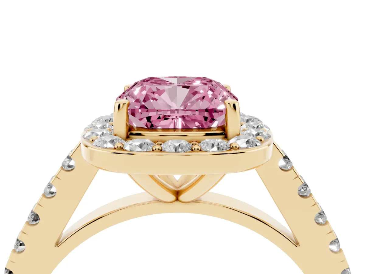 Fancy Pink Cushion Cut Diamond Halo Ring with Round Pavé Split Shank and Prong Setting Yellow gold