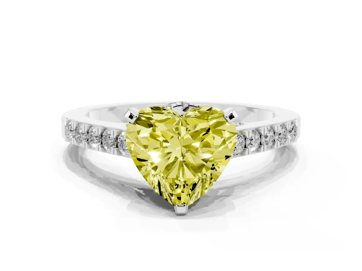 Fancy Yellow Heart Cut Diamond Solitaire Ring with Crossover Gallery and Round Pavé Band Platinum