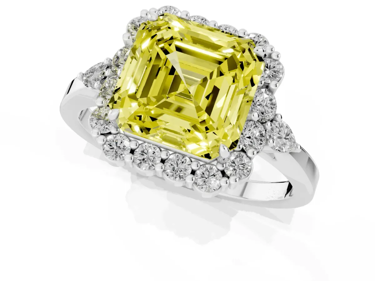 Fancy Yellow Asscher Cut Diamond Halo Ring with Pear Side Stones and Prong Setting Silver