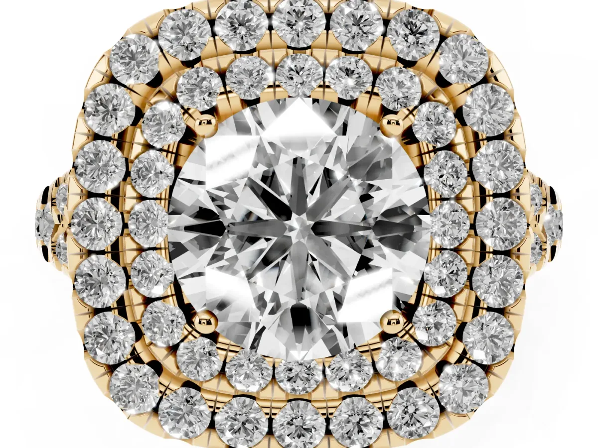 Double Halo Round Cut Diamond Pavé Split Shank Ring with Prong Setting Yellow gold