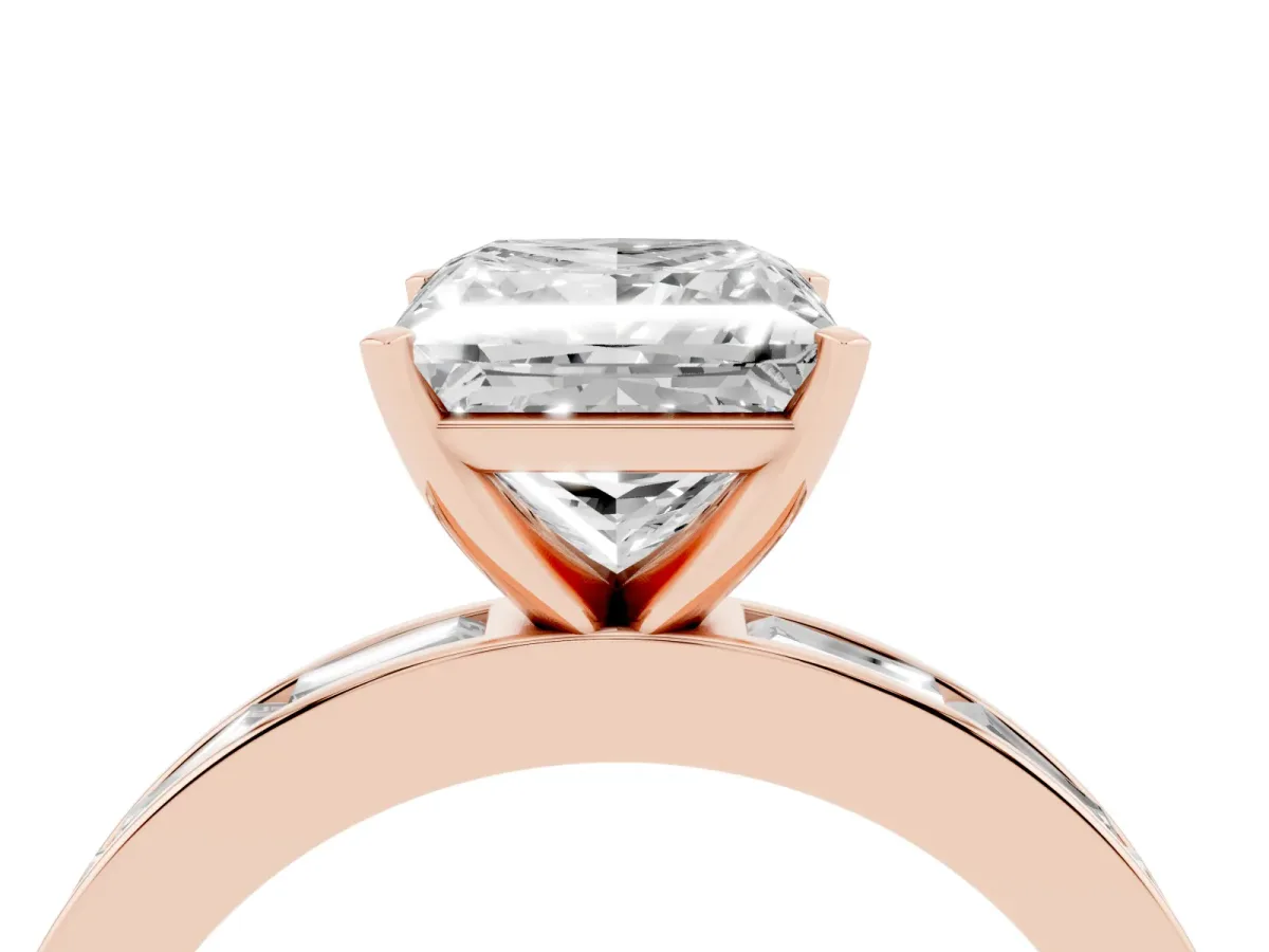 Princess Cut Solitaire Diamond Ring with Channel-Set Baguette Band and Four-Prong Setting Rose gold