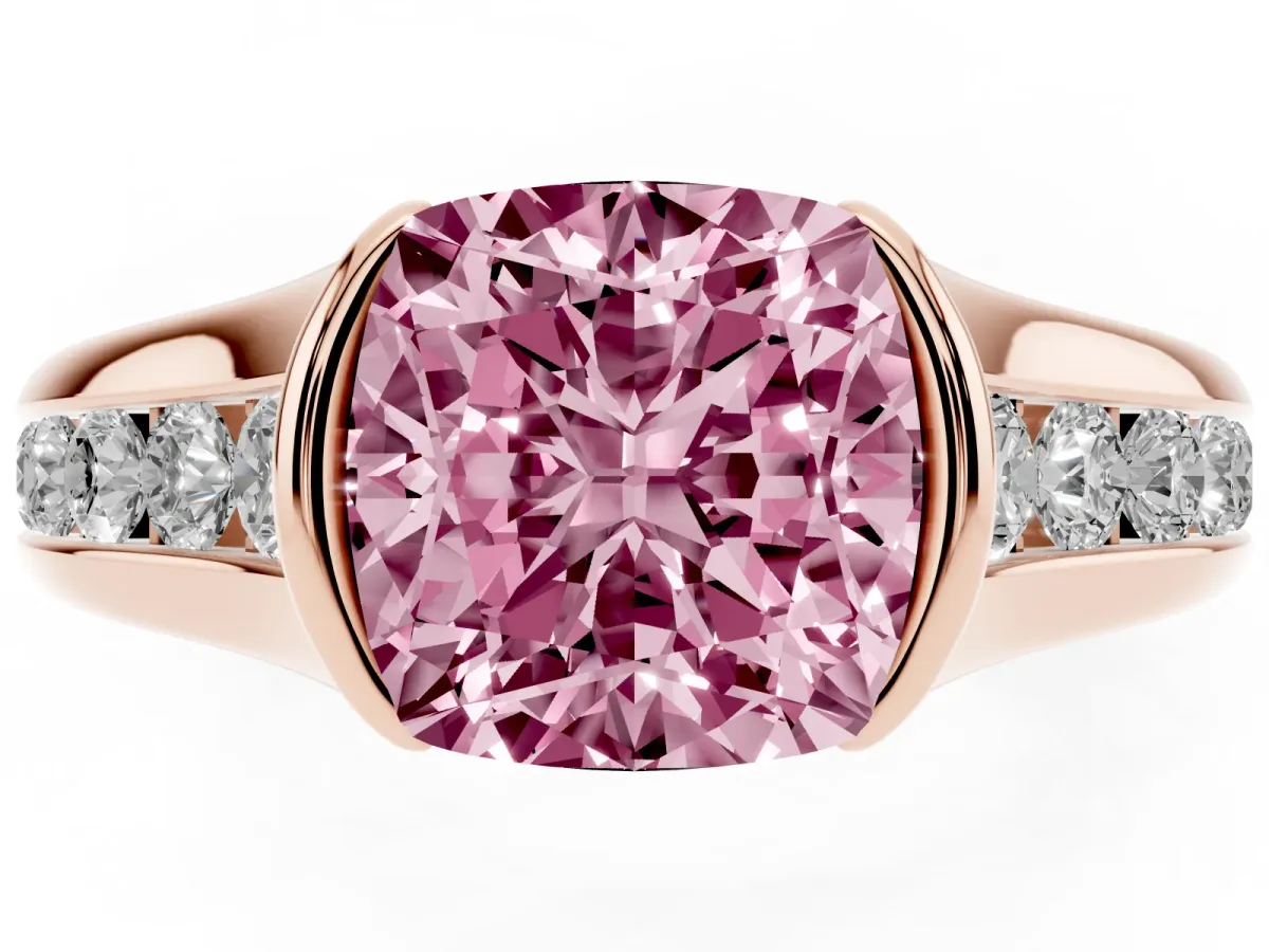 Fancy Pink Cushion Cut Solitaire Bezel-Set Diamond Ring with Channel-Set Band Rose gold