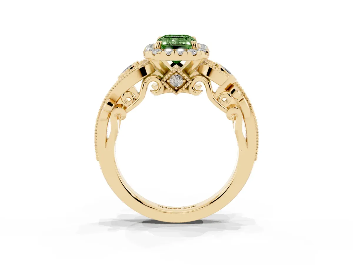Fancy Green Emerald Cut Diamond Halo Ring with Milgrain Pavé Band and Four-Prong Setting Yellow gold
