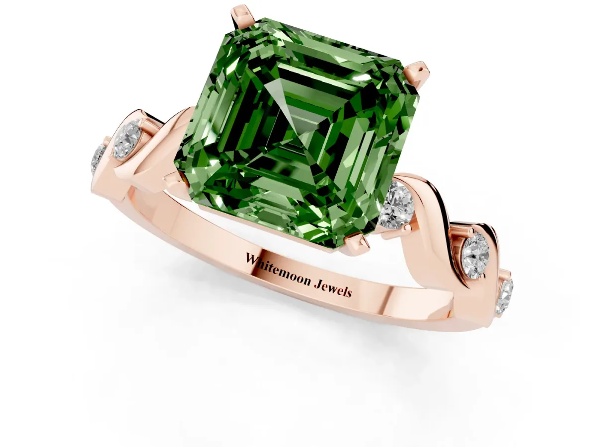 Fancy Green Asscher Cut Diamond Solitaire Twisted Band with Round Accents and Prong Setting Rose gold