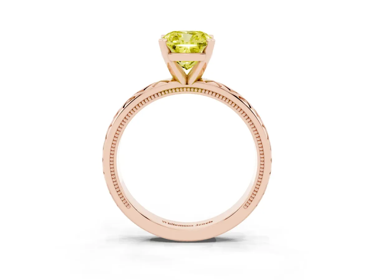 Fancy Yellow Cushion Cut Solitaire Diamond Ring with Milgrain and Black Enamel X Pattern Band Rose gold