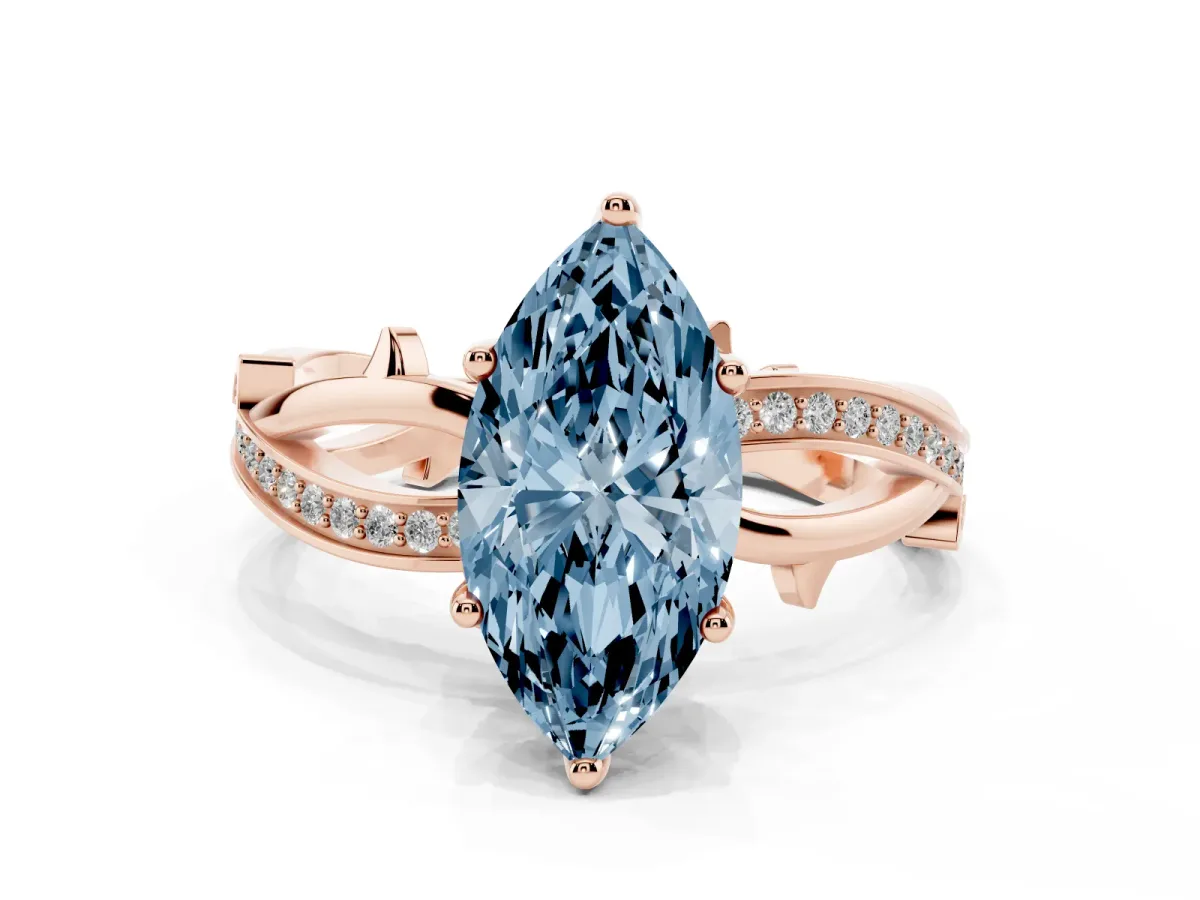 Fancy Blue Marquise Cut Solitaire Twist Band with Pavé Accents and Four-Prong Setting Rose gold