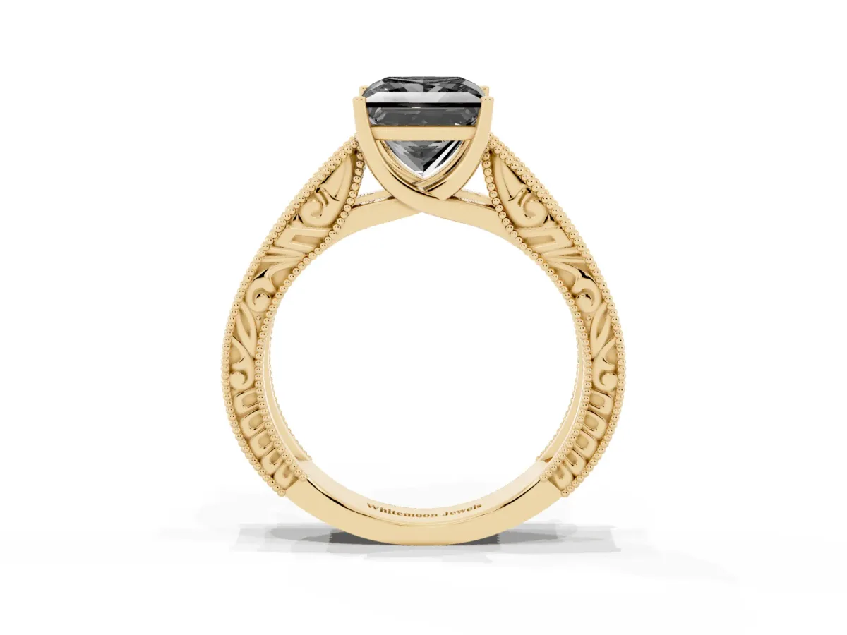 Fancy Black Princess Cut Diamond Solitaire Ring with Engraved Band and Four-Prong Setting Yellow gold