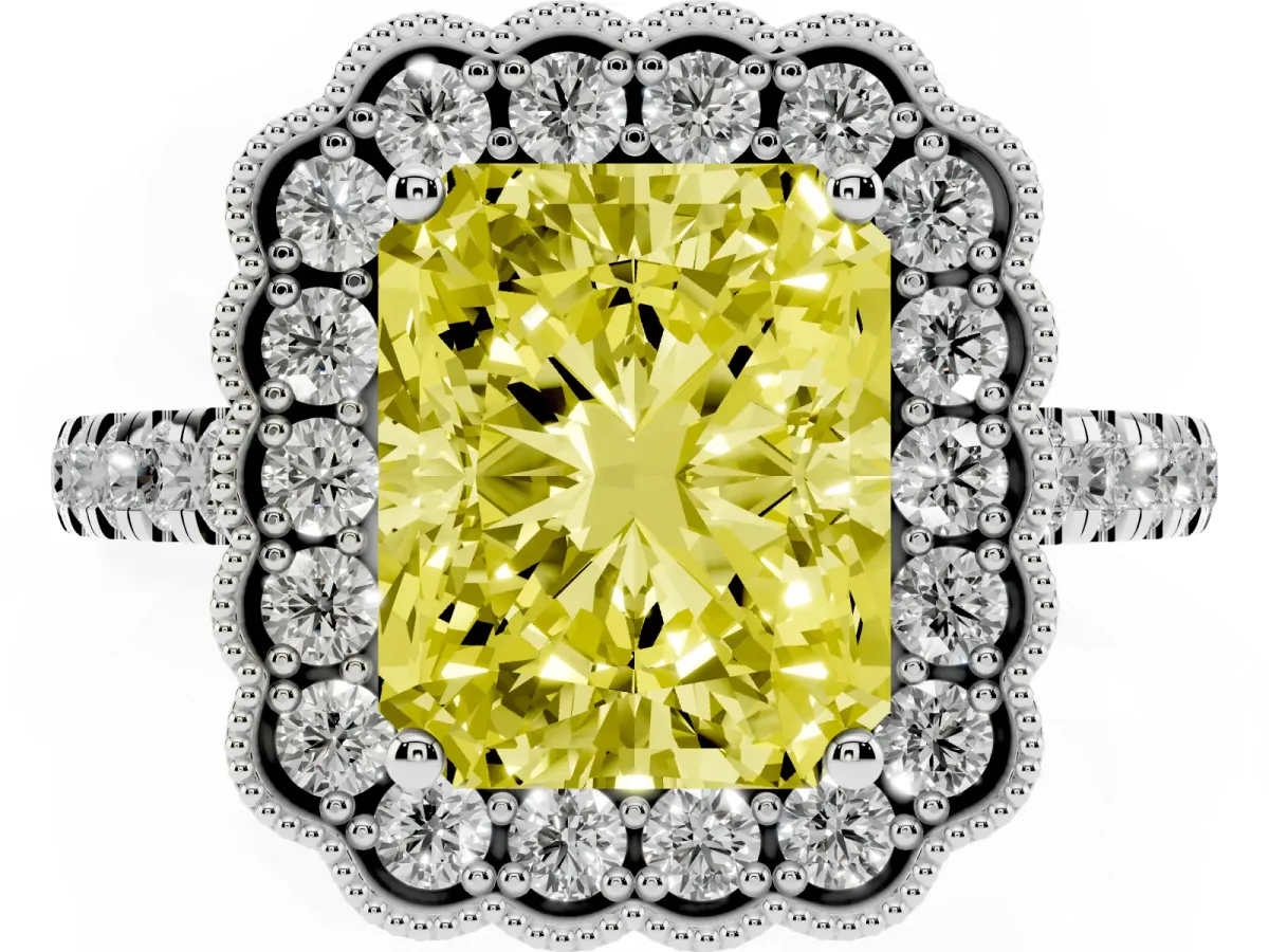 Fancy Yellow Radiant Cut Cut Diamond Milgrain Floral Halo Engagement Ring with Pavé Band White gold