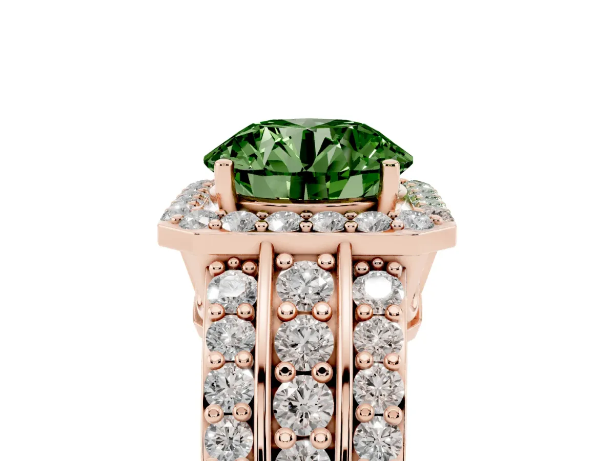 Fancy Green Round Cut Halo Diamond Ring with Round Split Shank and Prong Setting Rose gold