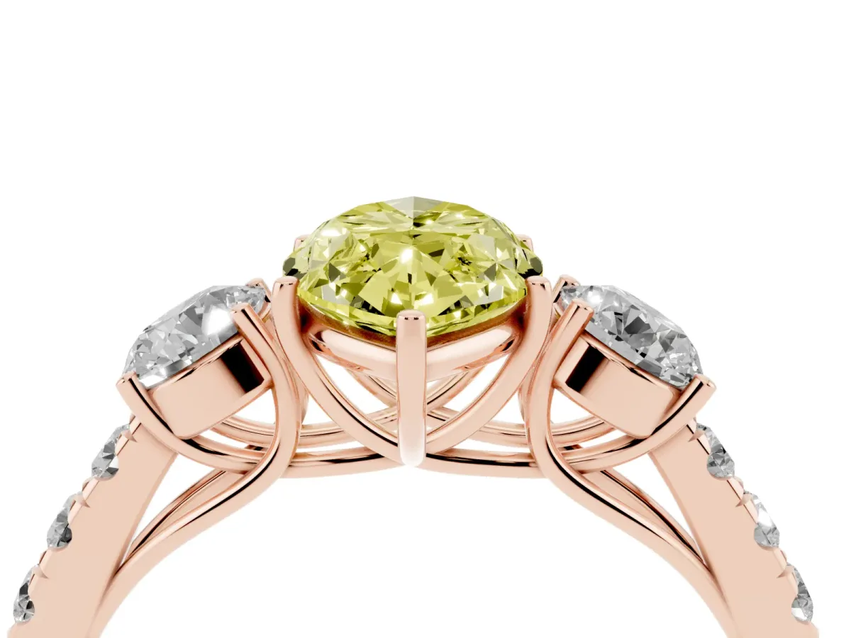 Fancy Yellow Marquise Cut Cut Diamond Three-Stone Ring with Round Side Stones and Pavé Band Rose gold