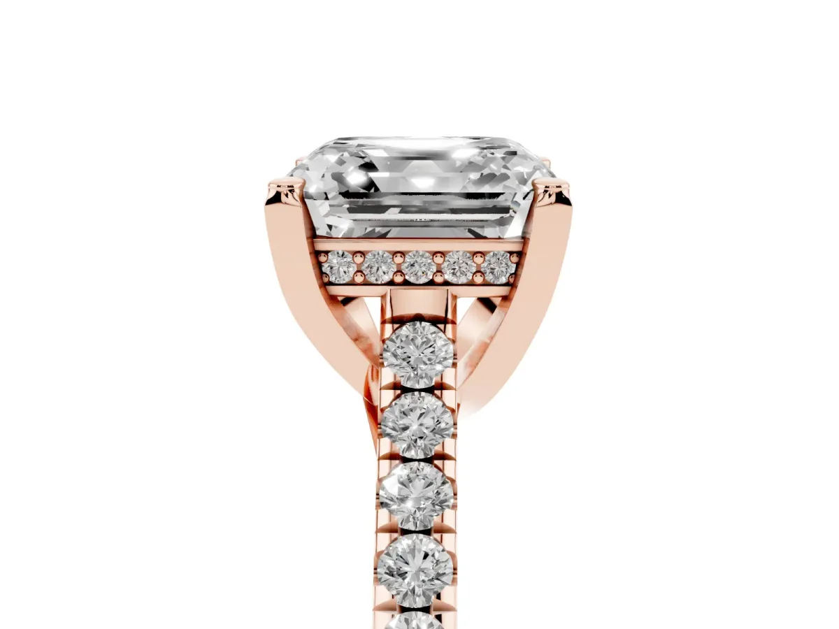 Asscher Cut Brilliant Diamond Solitaire with Pavé Band and Four-Prong Setting Rose gold