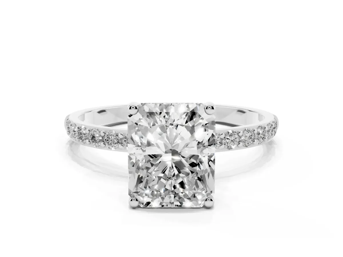 Radiant Cut Diamond Solitaire Ring with Round Pavé Shoulders and Prong Setting Platinum