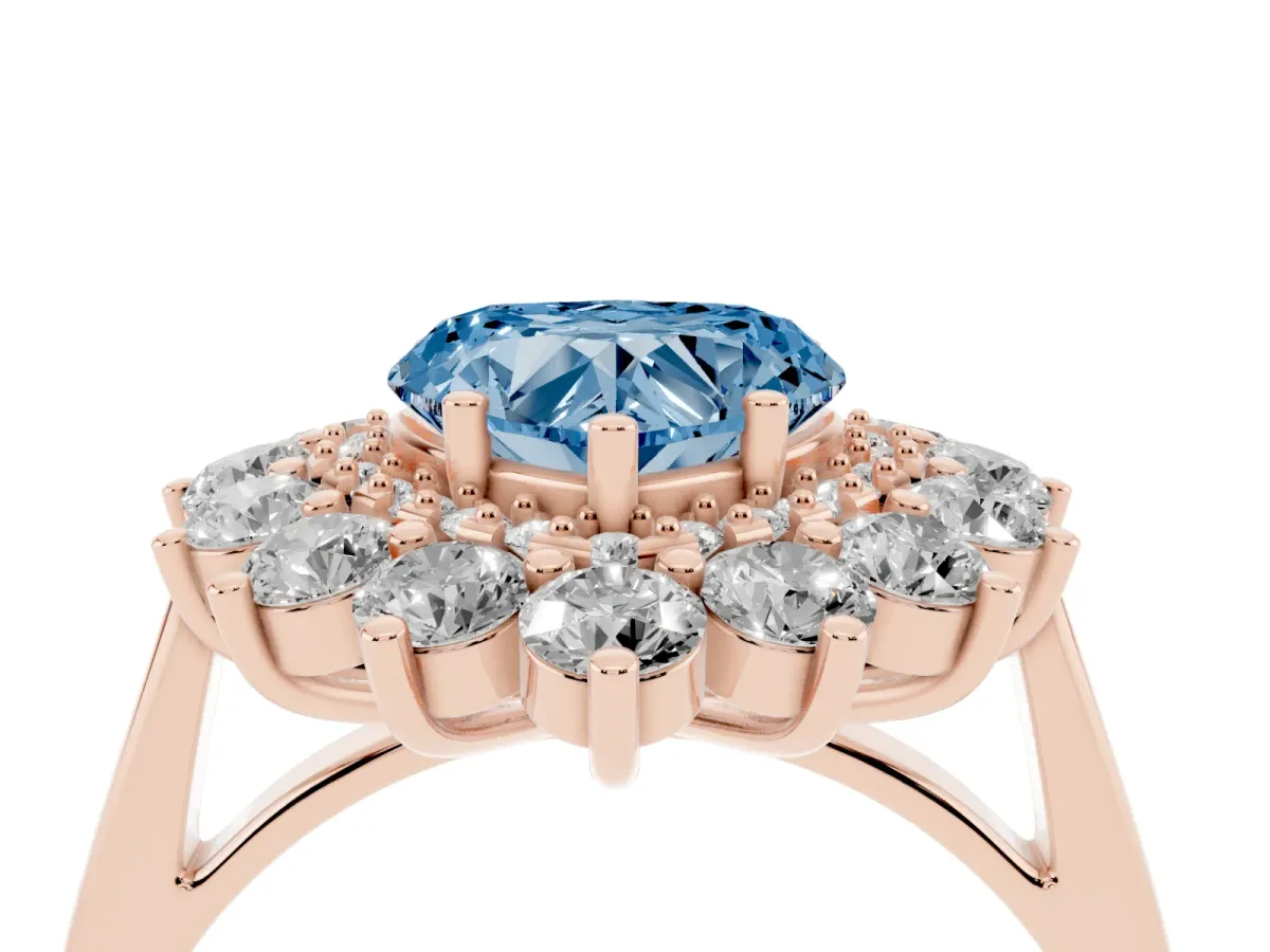 Fancy Blue Heart Cut Diamond Floral Double Halo Engagement Ring with Prong Setting Rose gold