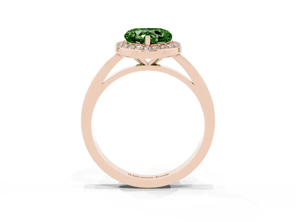 Fancy Green Heart Cut Halo Diamond Ring with Solitaire Band and Prong Setting Rose gold