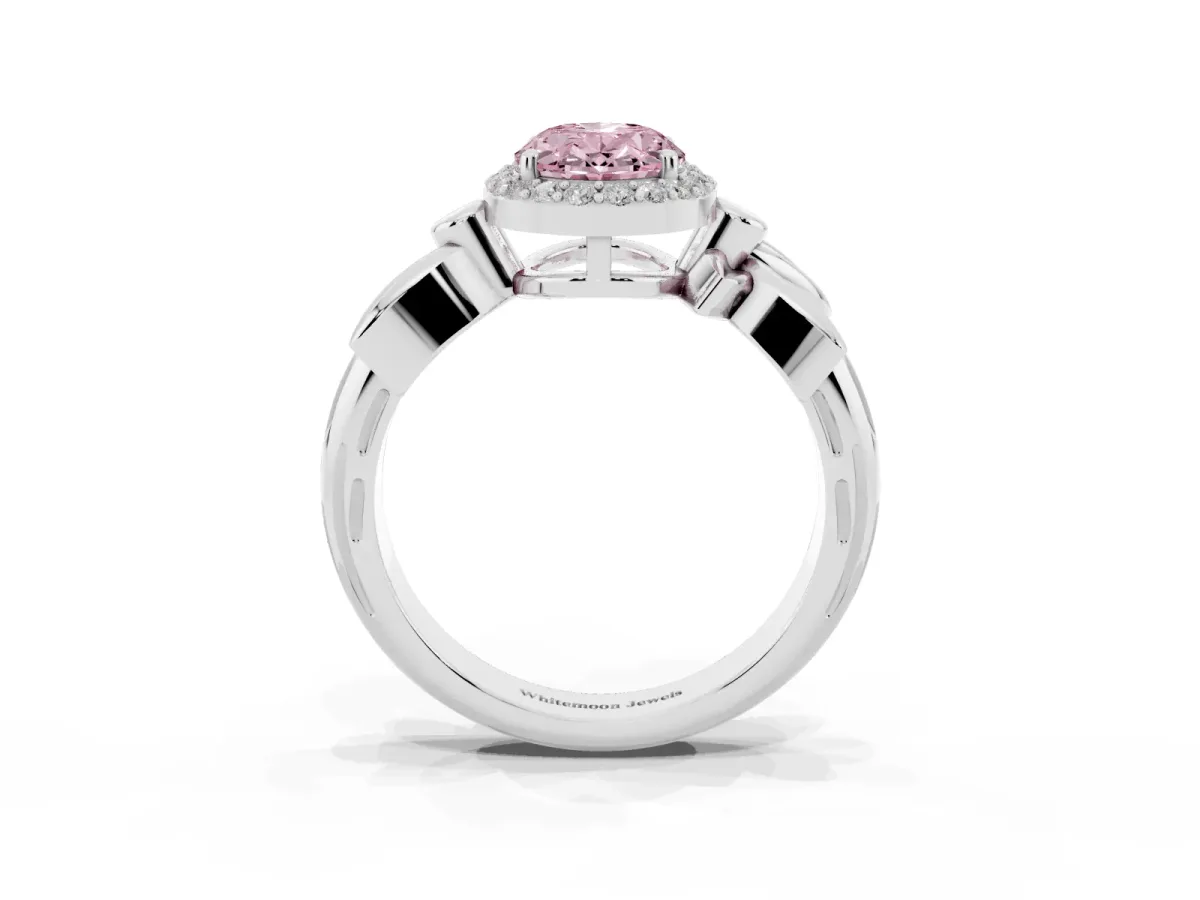 Fancy Pink Oval Cut Halo Diamond Floral Band with Four-Prong Setting Silver
