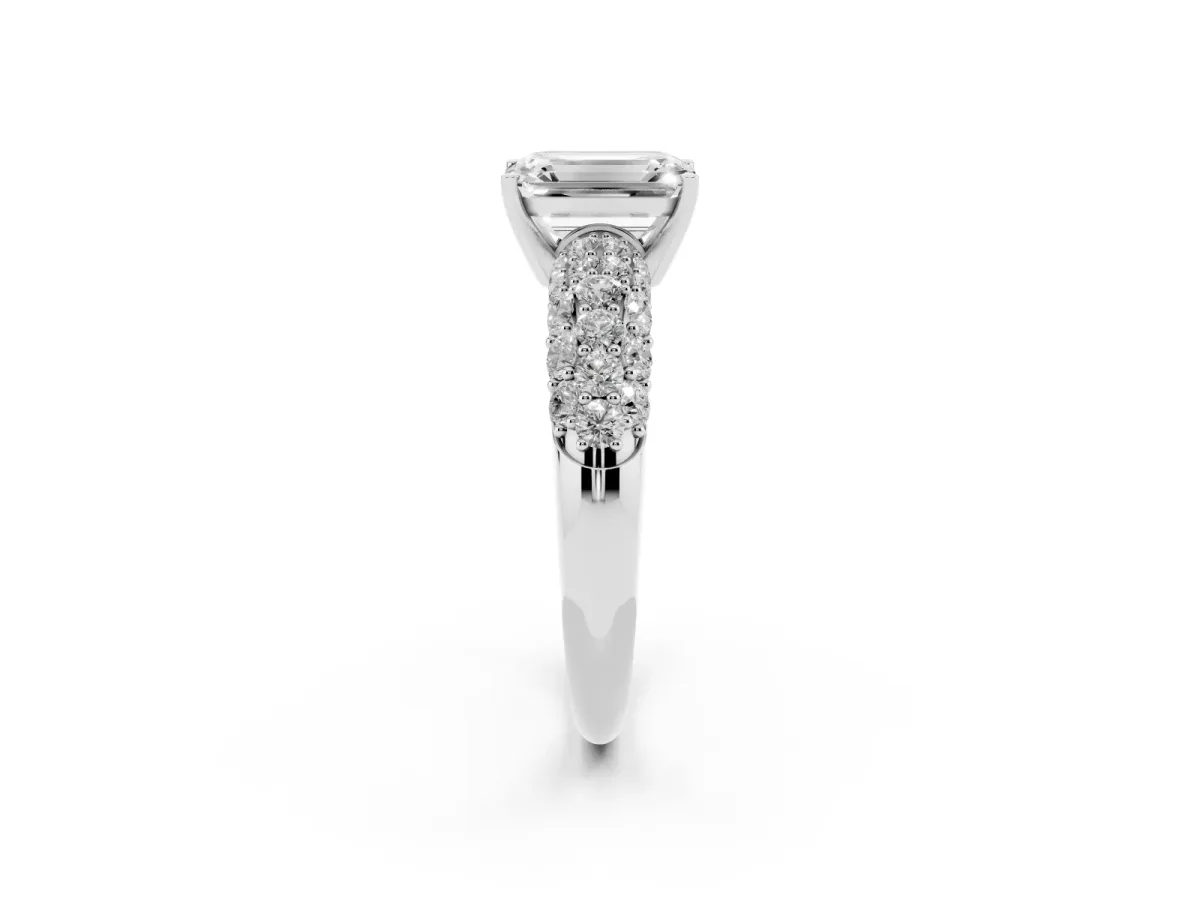 Emerald Cut Diamond Pavé Band Solitaire Ring with Four-Prong Setting Silver
