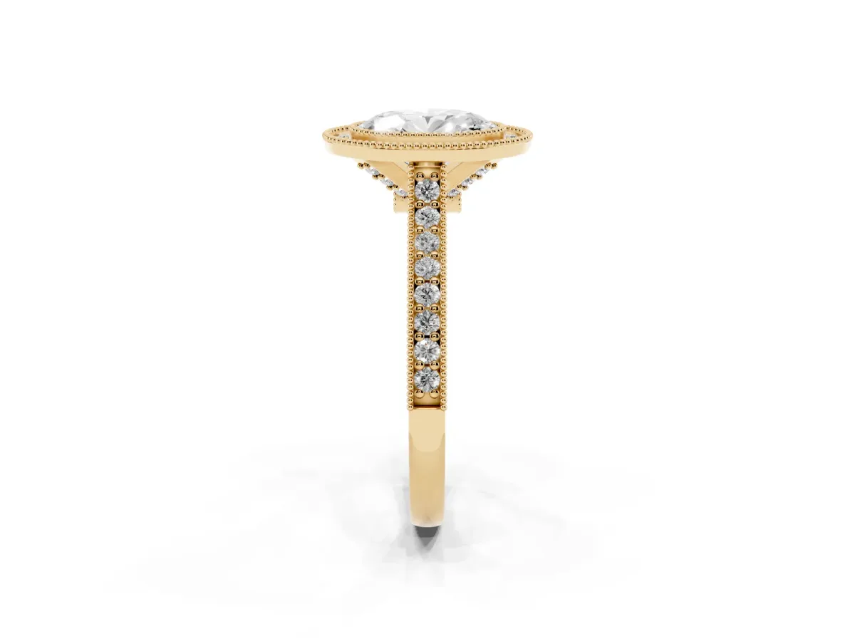 Halo Oval Cut-Cut Diamond Pave Band Milgrain Prong Setting Ring Yellow gold