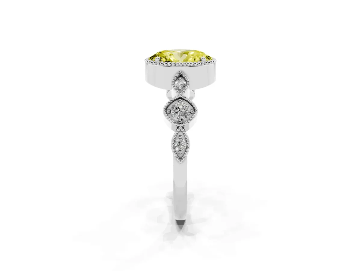 Fancy Yellow Oval Cut Diamond Vintage Milgrain Ring with Round Stations Silver