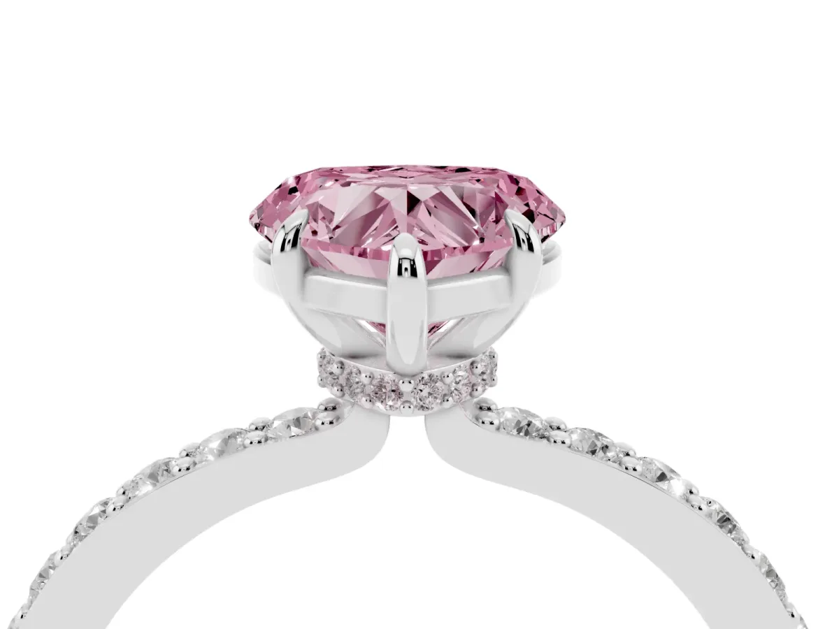 Fancy Pink Heart Cut Diamond Pavé Engagement Ring with Round Accents and Prong Setting White gold