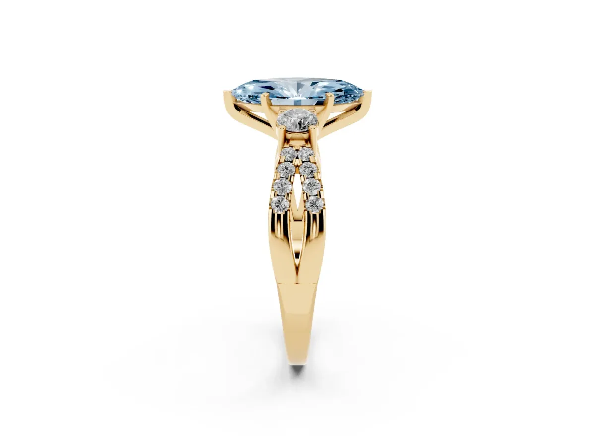 Fancy Blue Marquise Cut Diamond Three-Stone Ring with Pavé Split Shank and Four-Prong Setting Yellow gold