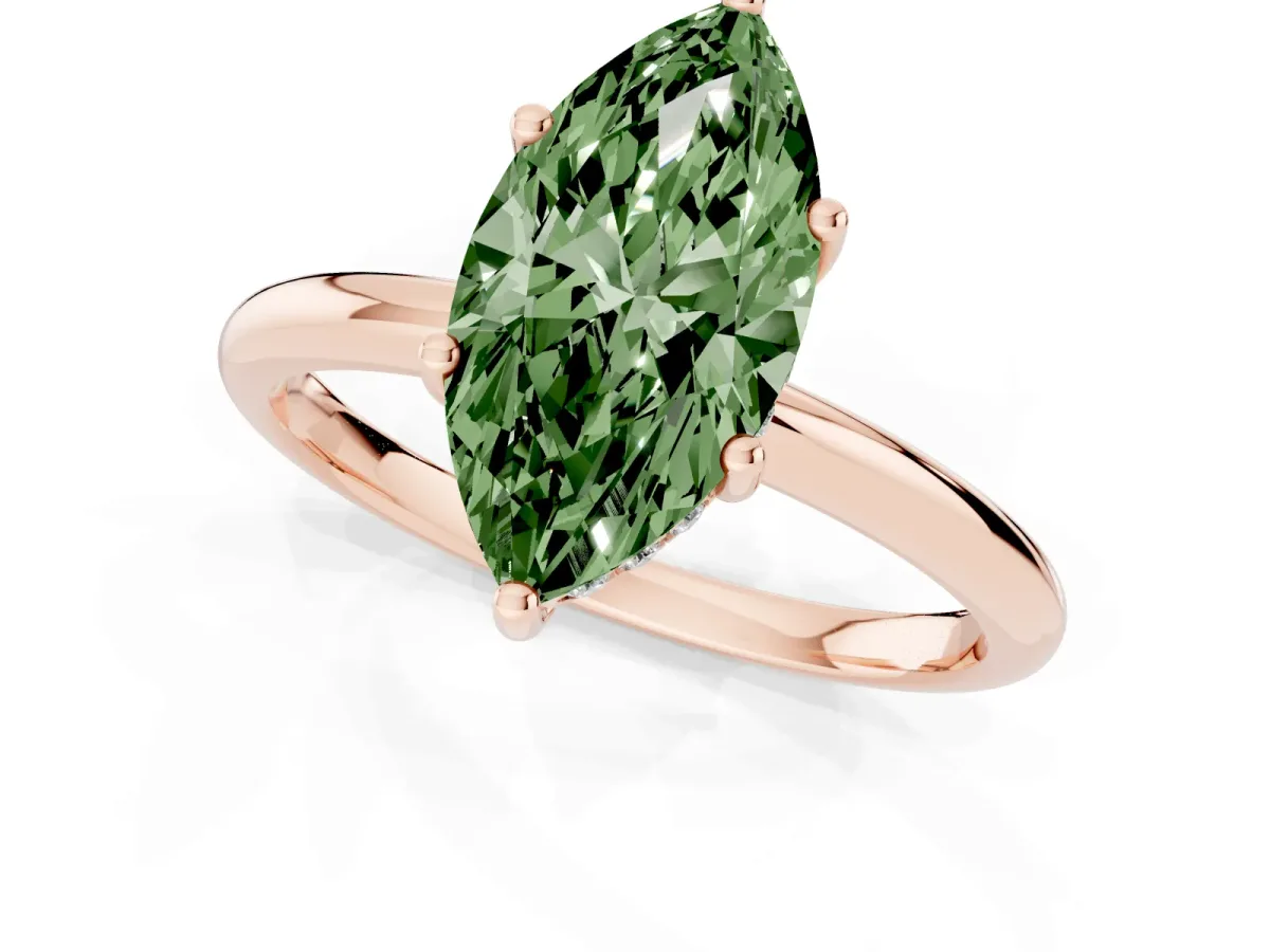 Fancy Green Marquise Cut Cut Solitaire Engagement Ring with Four-Prong Setting and Classic Band Rose gold