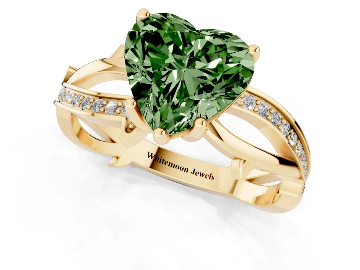 Fancy Green Heart Cut Solitaire Twist Band with Pavé Accents and Four-Prong Setting Yellow gold
