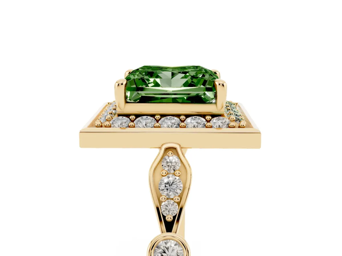 Fancy Green Princess Cut Halo Diamond Engagement Ring with Twisted Band and Four-Prong Setting Yellow gold
