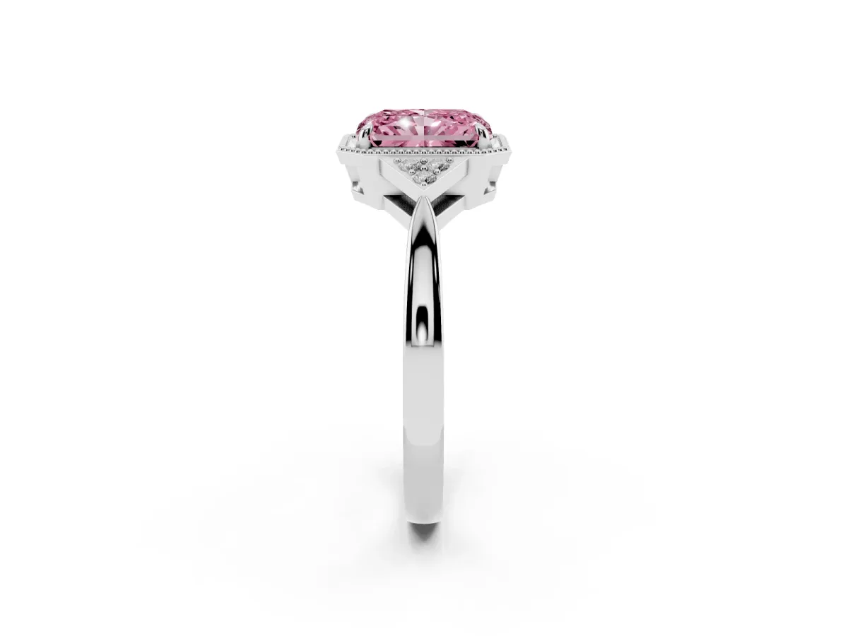 Fancy Pink Radiant Cut Diamond Halo Ring with Tapered Band and Four-Prong Setting White gold