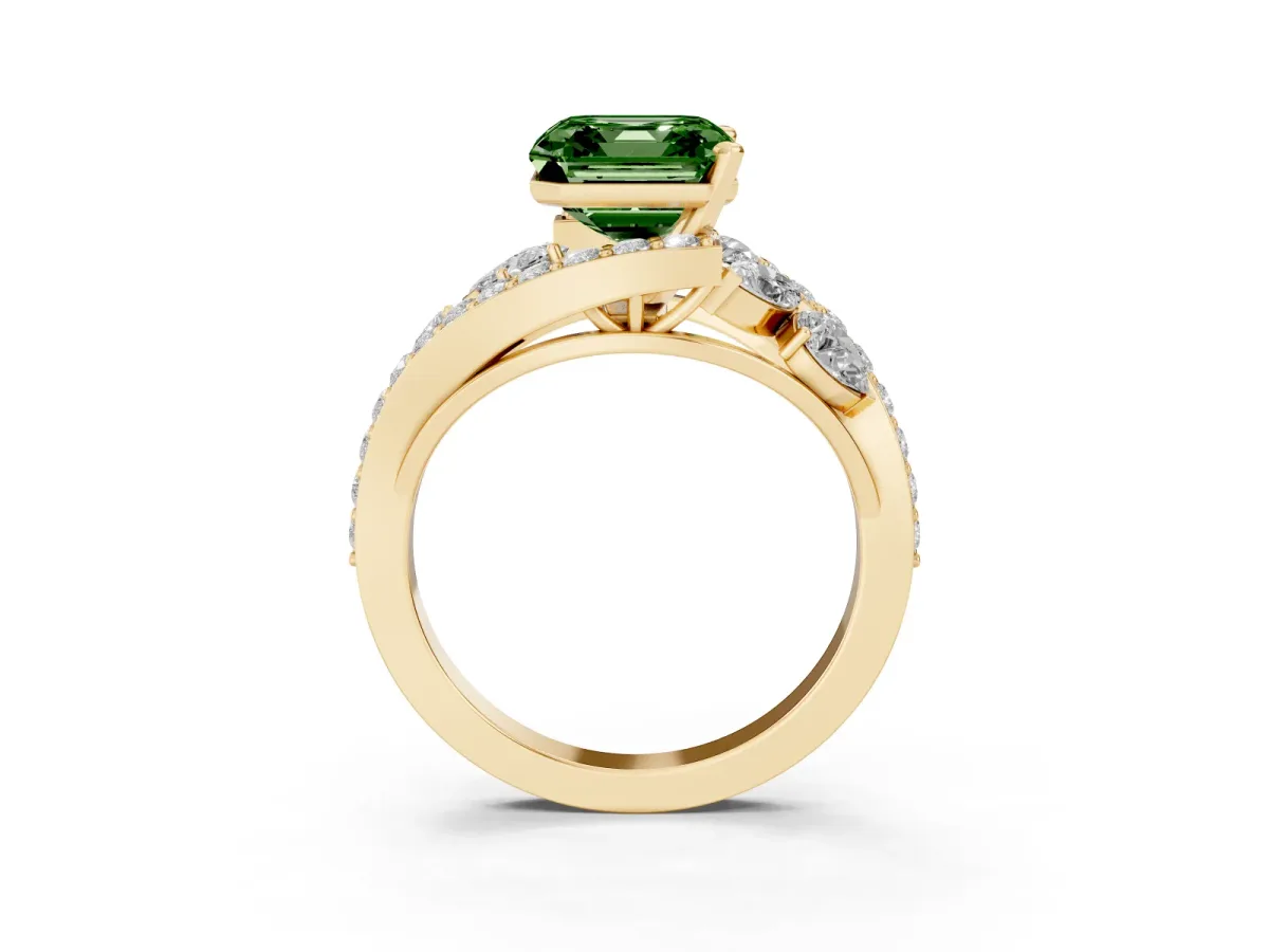 Fancy Green Asscher Cut Diamond Halo Ring with Marquise and Pavé Band in Prong Setting Yellow gold