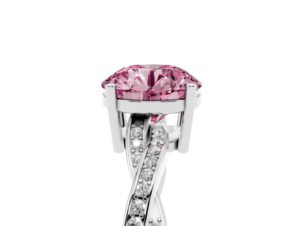 Fancy Pink Round Cut Solitaire Twisted Pave Diamond Ring with Four-Prong Setting White gold