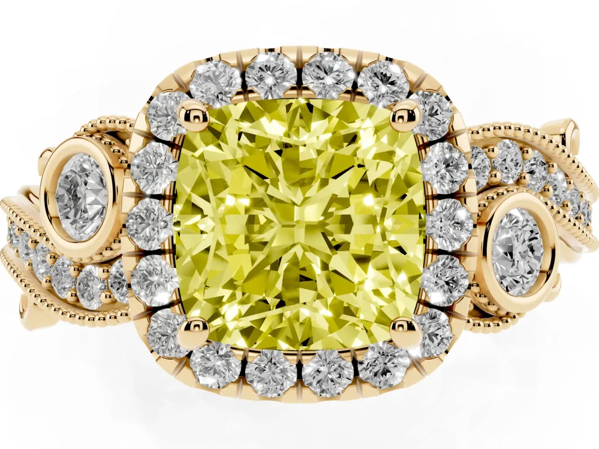 Fancy Yellow Cushion Cut Halo Diamond Ring with Milgrain and Bezel Accents on a Split Shank Band Yellow gold