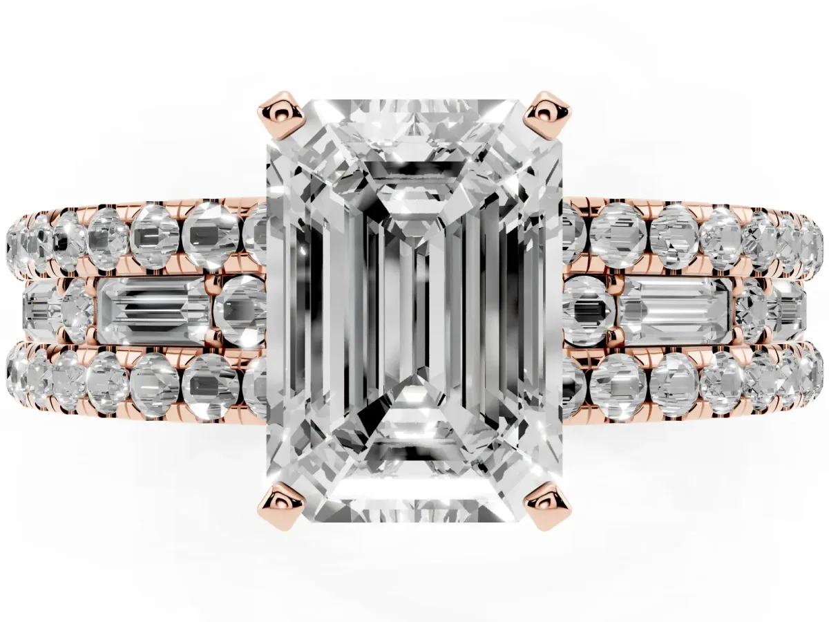 Emerald Cut Diamond Solitaire Ring with Pavé and Channel Set Band Rose gold