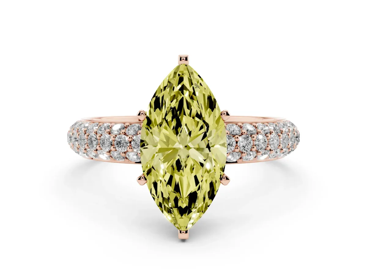 Fancy Yellow Marquise Cut Diamond Solitaire Ring with Prong Setting and Pavé Band Rose gold