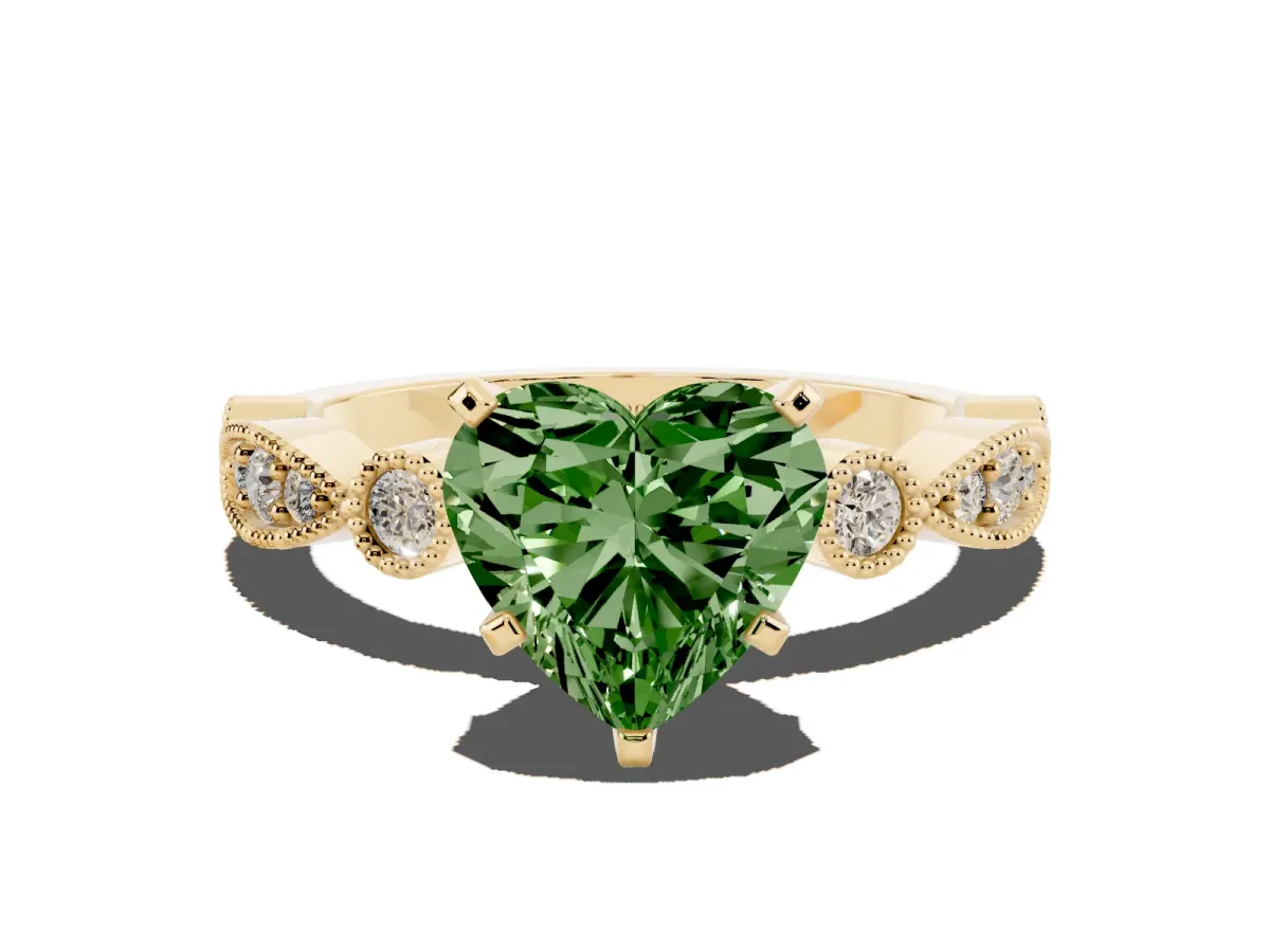 Fancy Green Heart Cut Milgrain Bezel Diamond Engagement Ring with Solitaire Prong Setting Yellow gold