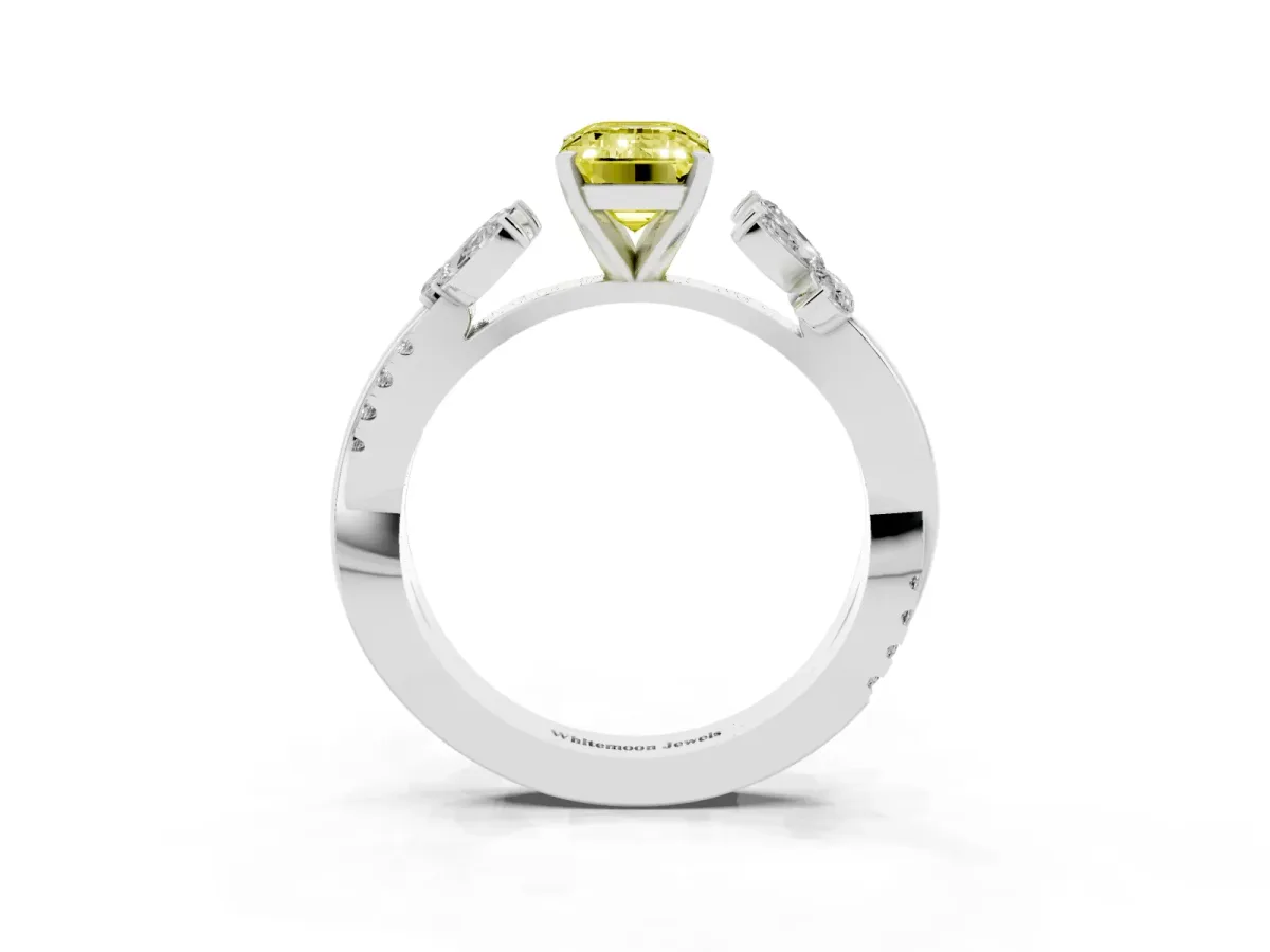 Fancy Yellow Emerald Cut Diamond Floral Vine Solitaire Engagement Ring Platinum