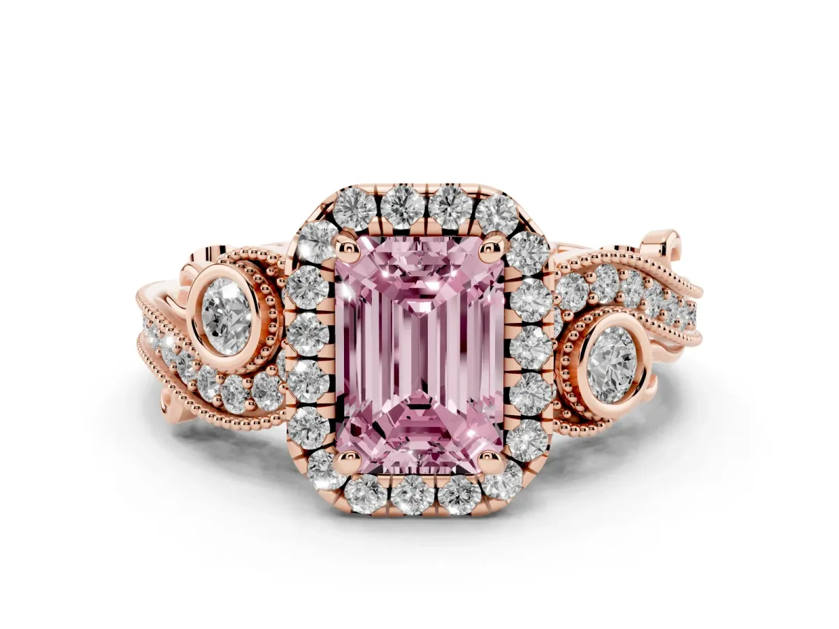 Fancy Pink Emerald Cut Diamond Halo Ring with Milgrain Pavé Band and Four-Prong Setting Rose gold