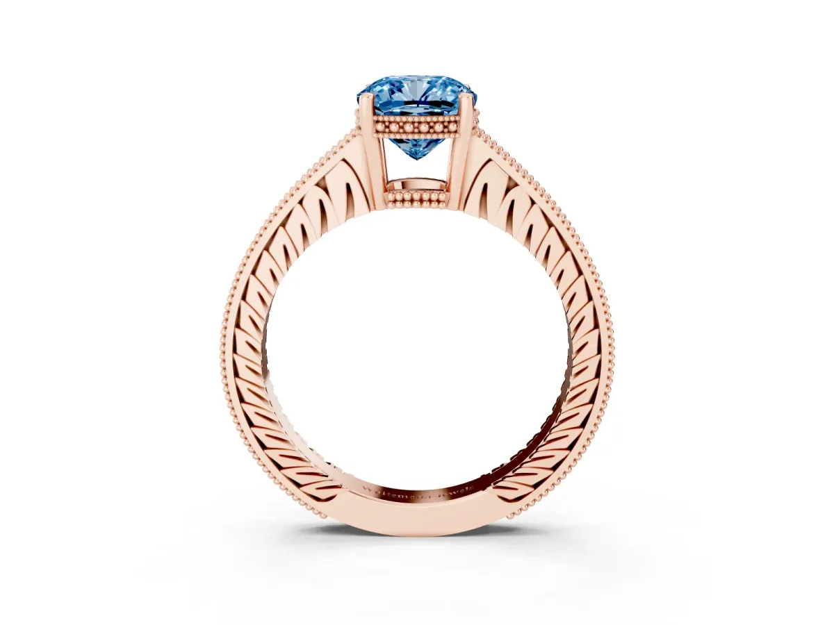 Fancy Blue Cushion Cut Solitaire Pavé Diamond Milgrain Engagement Ring with Four-Prong Setting Rose gold