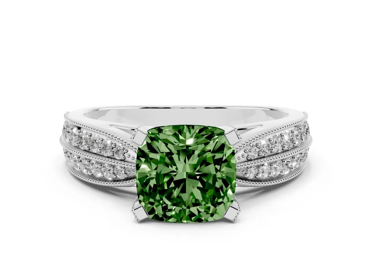 Fancy Green Cushion Cut Diamond Solitaire Ring with Milgrain Round Pavé Band and Prong Setting Silver