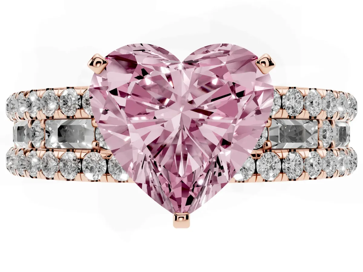 Fancy Pink Heart Cut Diamond Solitaire Ring with Pavé and Channel Set Band Rose gold