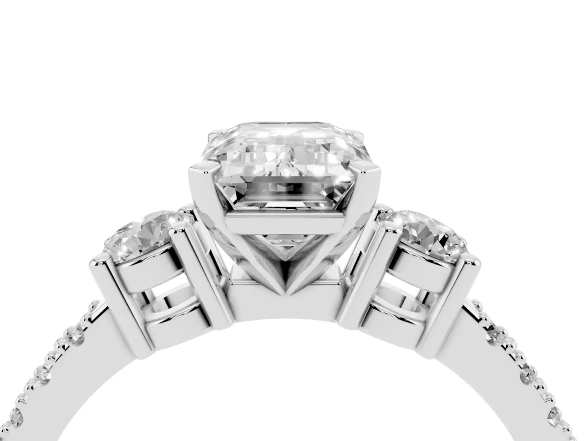 Emerald Cut Three-Stone Diamond Pavé Band with Prong Setting Silver